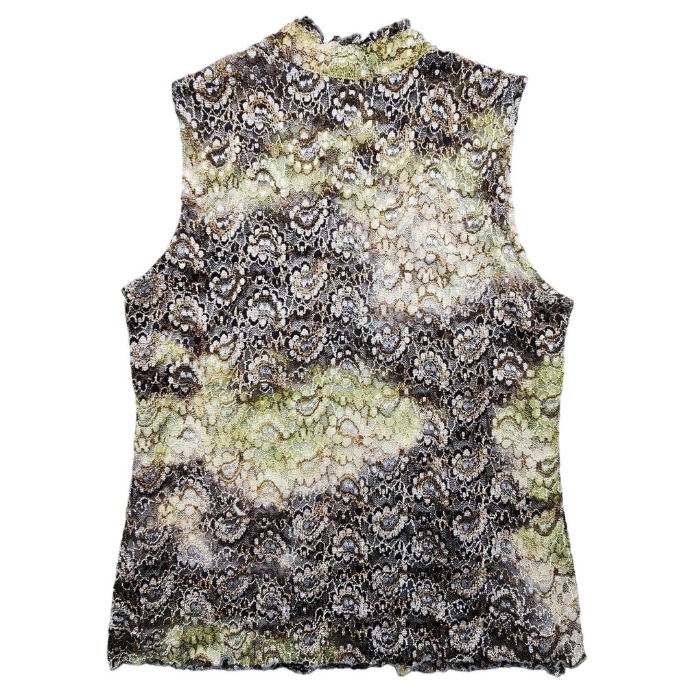 Vintage V Neck Sleeveless Blouse Lace Lined Top Womens Size Medium Green Brown